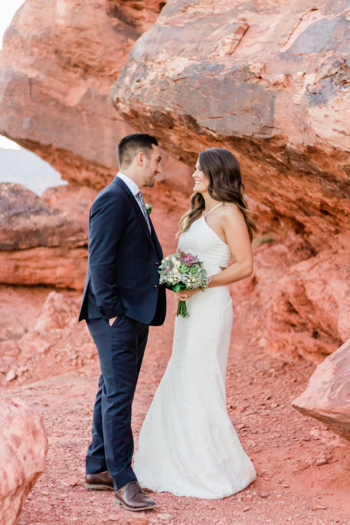 bride and groom gazing at each other at their elopement at Red Rock Canyon